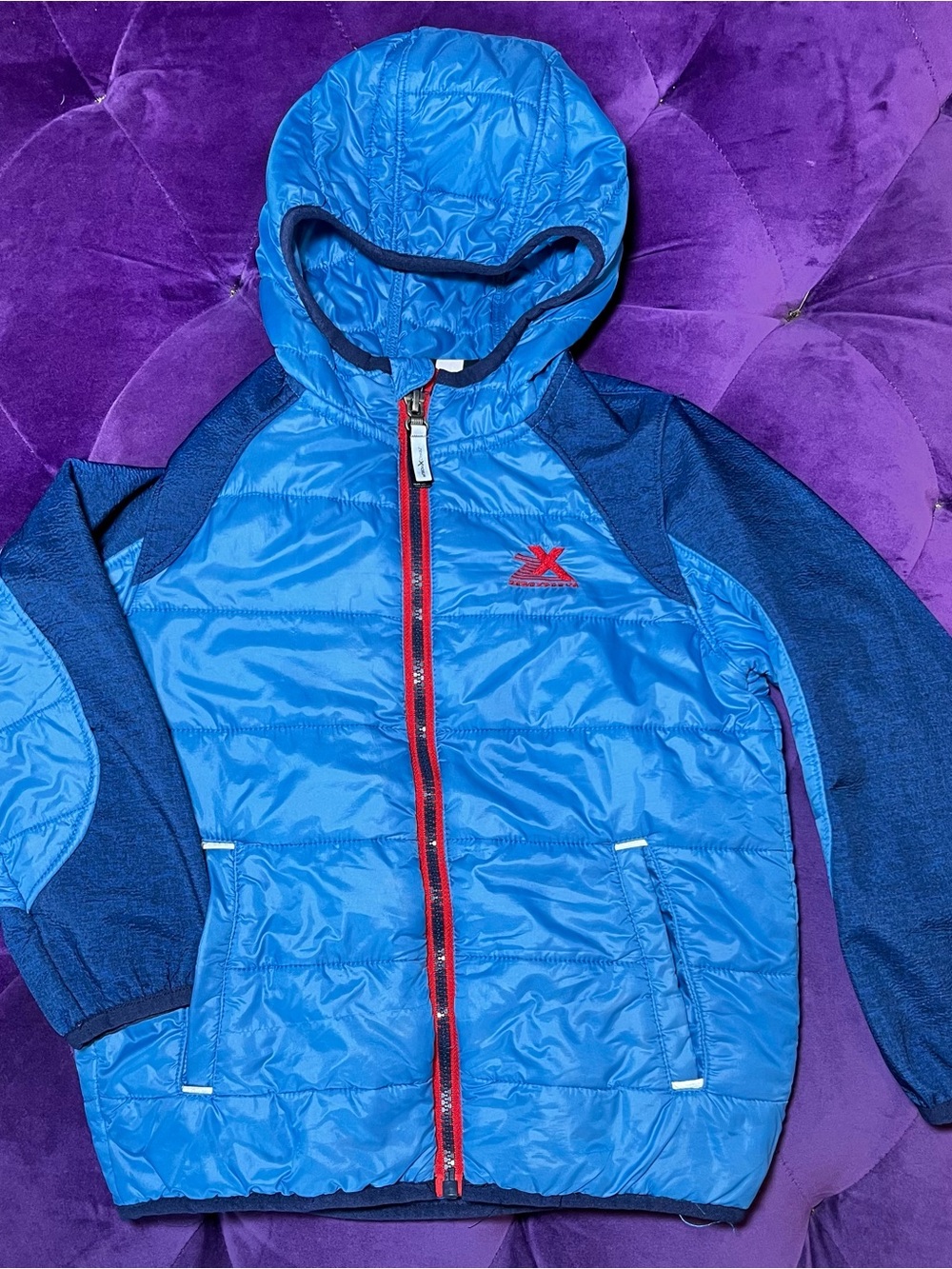 ZeroXposur Bright Blue Hooded Puffer Jacket with Red Zip